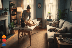 Een vrouw masseert in de woonkamer thuis haar partner met de lessen van de online massage cursus