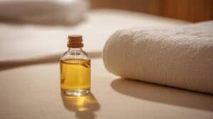 Een detailfoto van een flesje olie en een handdoek ter illustratie van Ontspanningsmassage tips